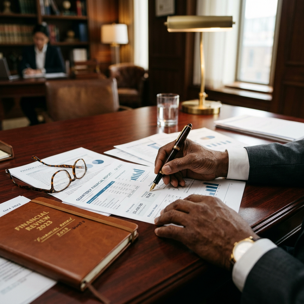 Professional reviewing documents